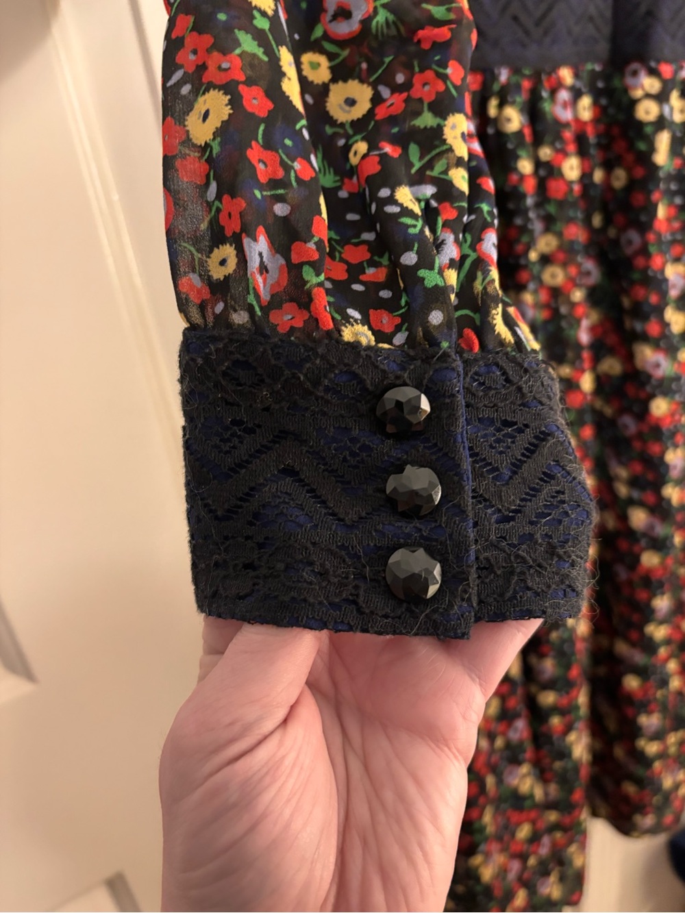 ModCloth Anna Sui Black Floral Lace-Yoke Long Sleeve Midi Dress - Picture 3 of 5
